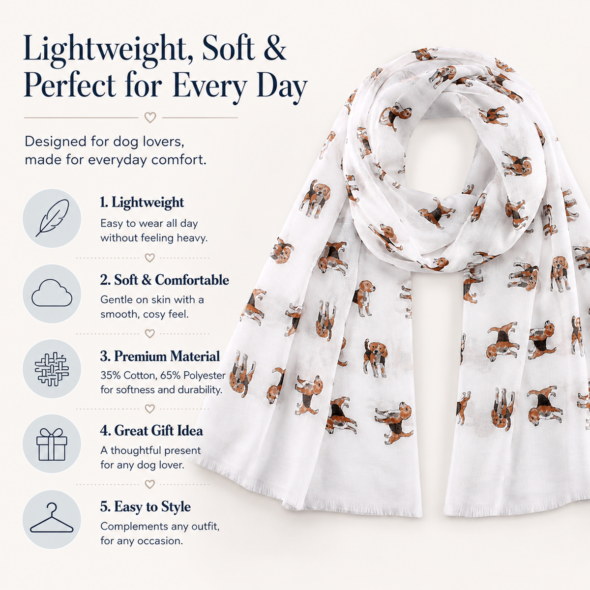 A lightweight white scarf with a Beagle dog print, styled on a mannequin against a light grey background with promotional text and feature icons.
