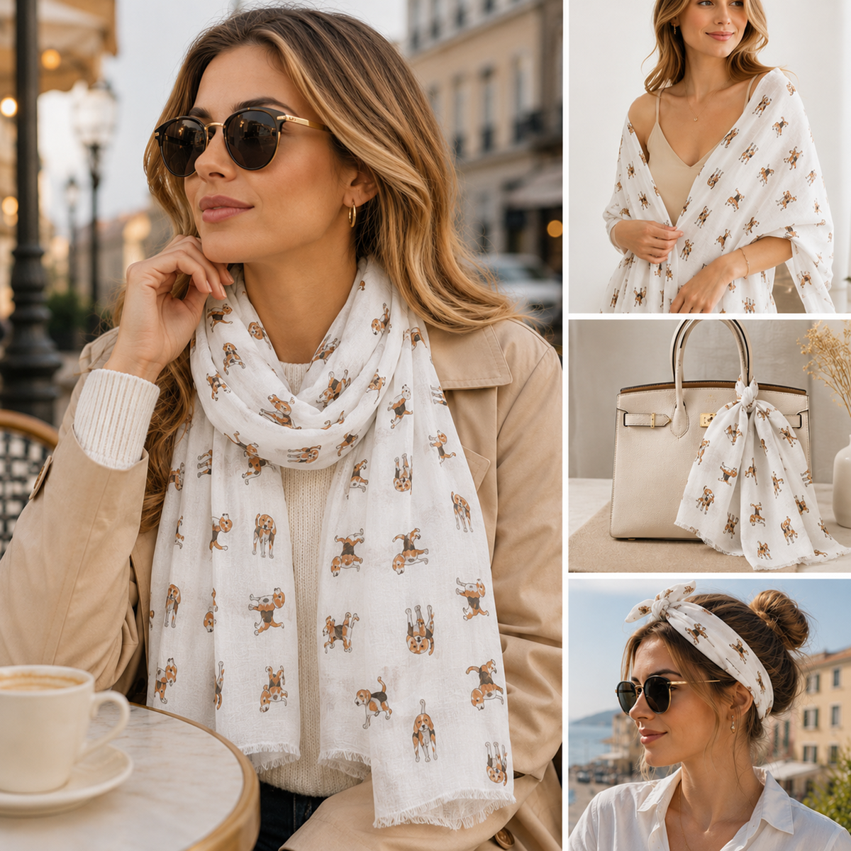 A woman modelling a white lightweight scarf with a Beagle dog print, shown in a lifestyle collage with inset photos of the scarf styled on a model, draped over a handbag, and tied as a headband.