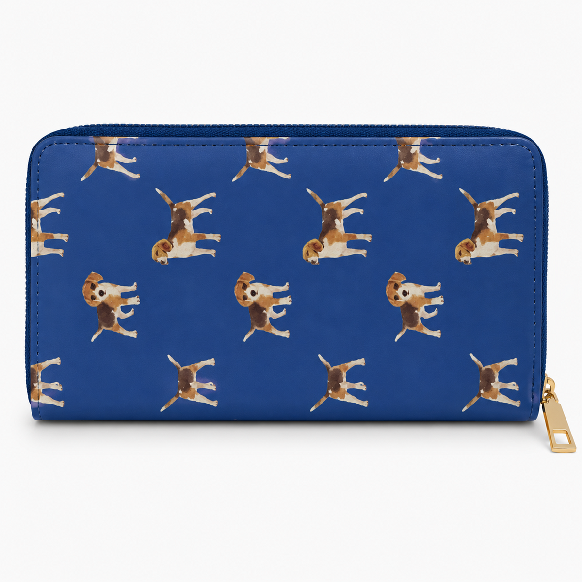 A blue zip-around wallet with a repeating pattern of upside-down beagle dogs, shown on a clean white background with a gold zipper pull.