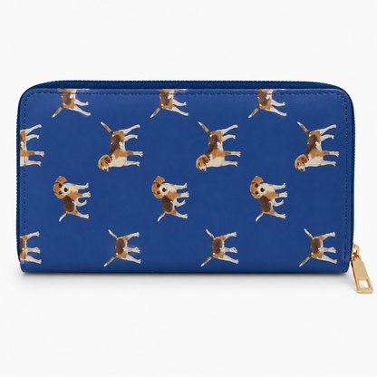 A blue zip-around wallet with a repeating pattern of upside-down beagle dogs, shown on a clean white background with a gold zipper pull.