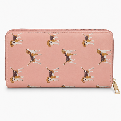 A pink zip-around wallet with a repeating pattern of beagle dogs, shown on a clean white background with a gold zipper pull.