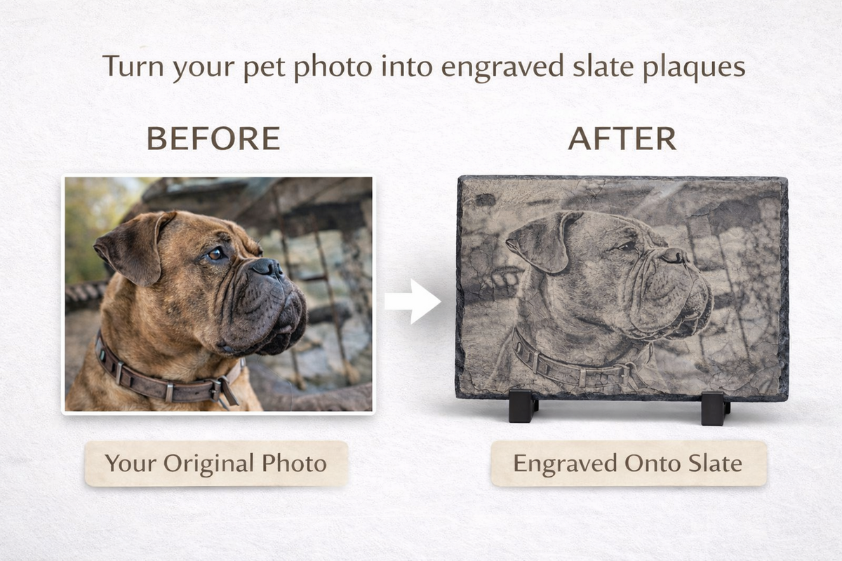 A promotional graphic showing a pet portrait transformation: a labelled 'BEFORE' photo of a brown dog on the left, an arrow pointing right, and a labelled 'AFTER' engraved slate plaque on the right with the dog's portrait etched into the stone. Text at the top reads, 'Turn your pet photo into engraved slate plaques.