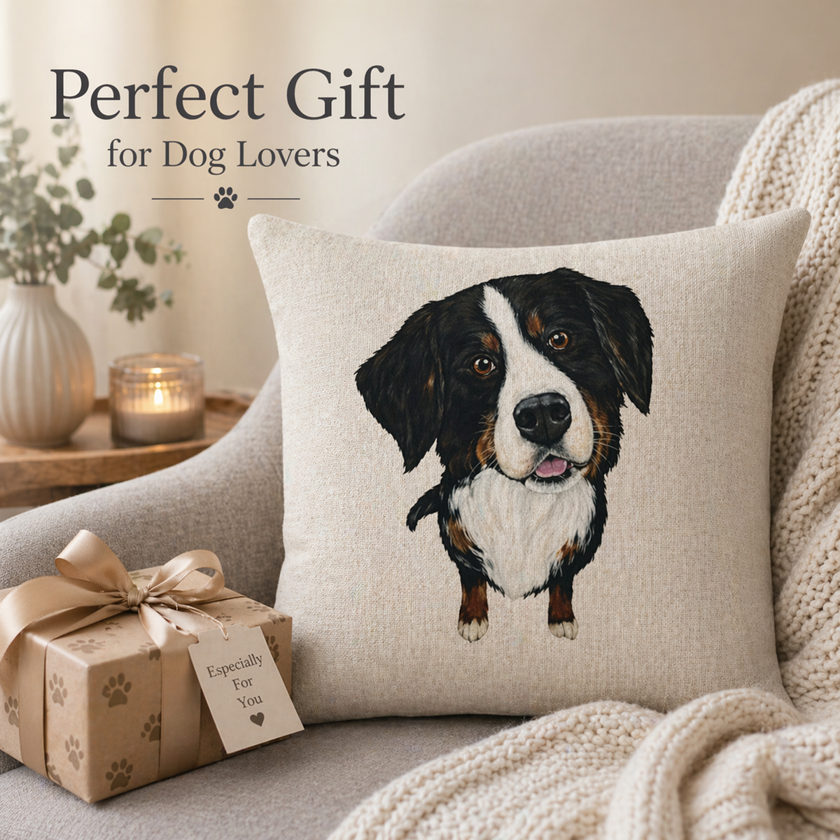 A beige cushion cover featuring a detailed illustration of a Bernese mountain dog, styled on a grey armchair next to a wrapped gift box with a paw-print tag and a cosy knit blanket. Text overlay reads 'Perfect Gift for Dog Lovers'.