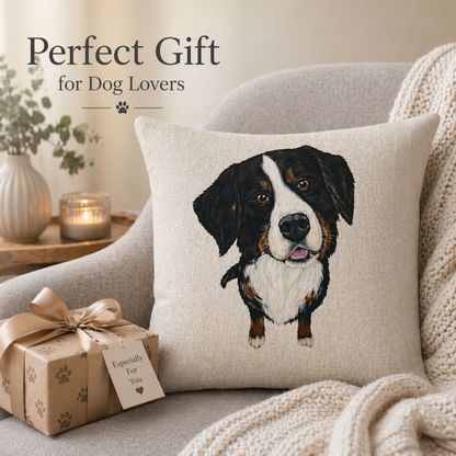 A beige cushion cover featuring a detailed illustration of a Bernese mountain dog, styled on a grey armchair next to a wrapped gift box with a paw-print tag and a cosy knit blanket. Text overlay reads 'Perfect Gift for Dog Lovers'.