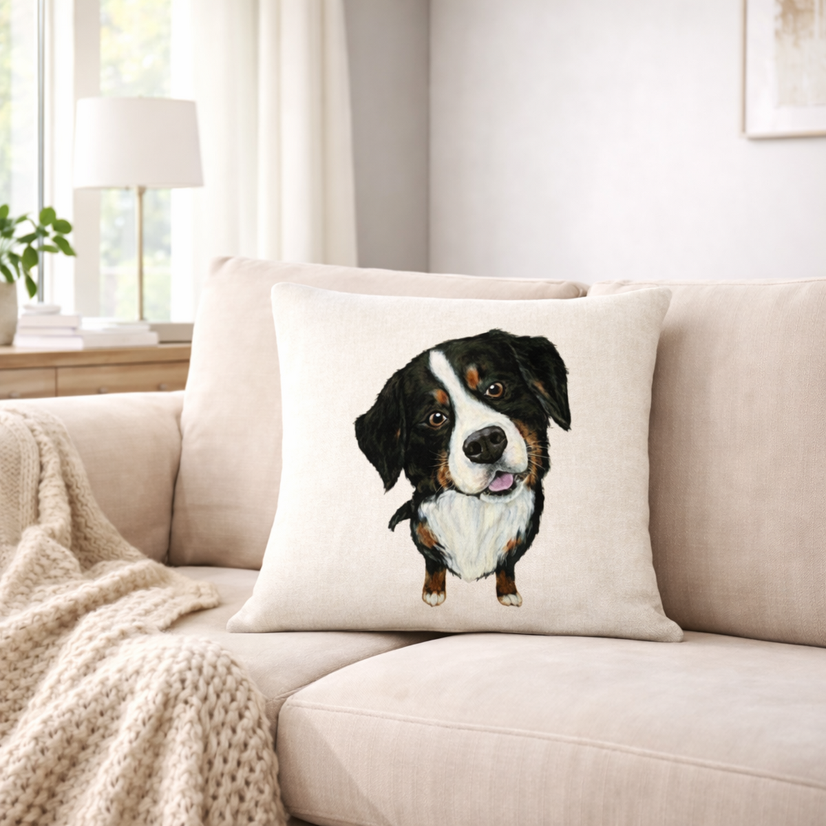 A square beige cushion cover featuring a printed illustration of a Bernese mountain dog, resting on a light beige sofa in a bright, modern living room.