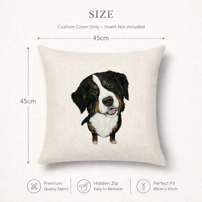 A square cushion cover shown on a light neutral background with size annotations. The cover is off-white with a printed illustration of a Bernese mountain dog.