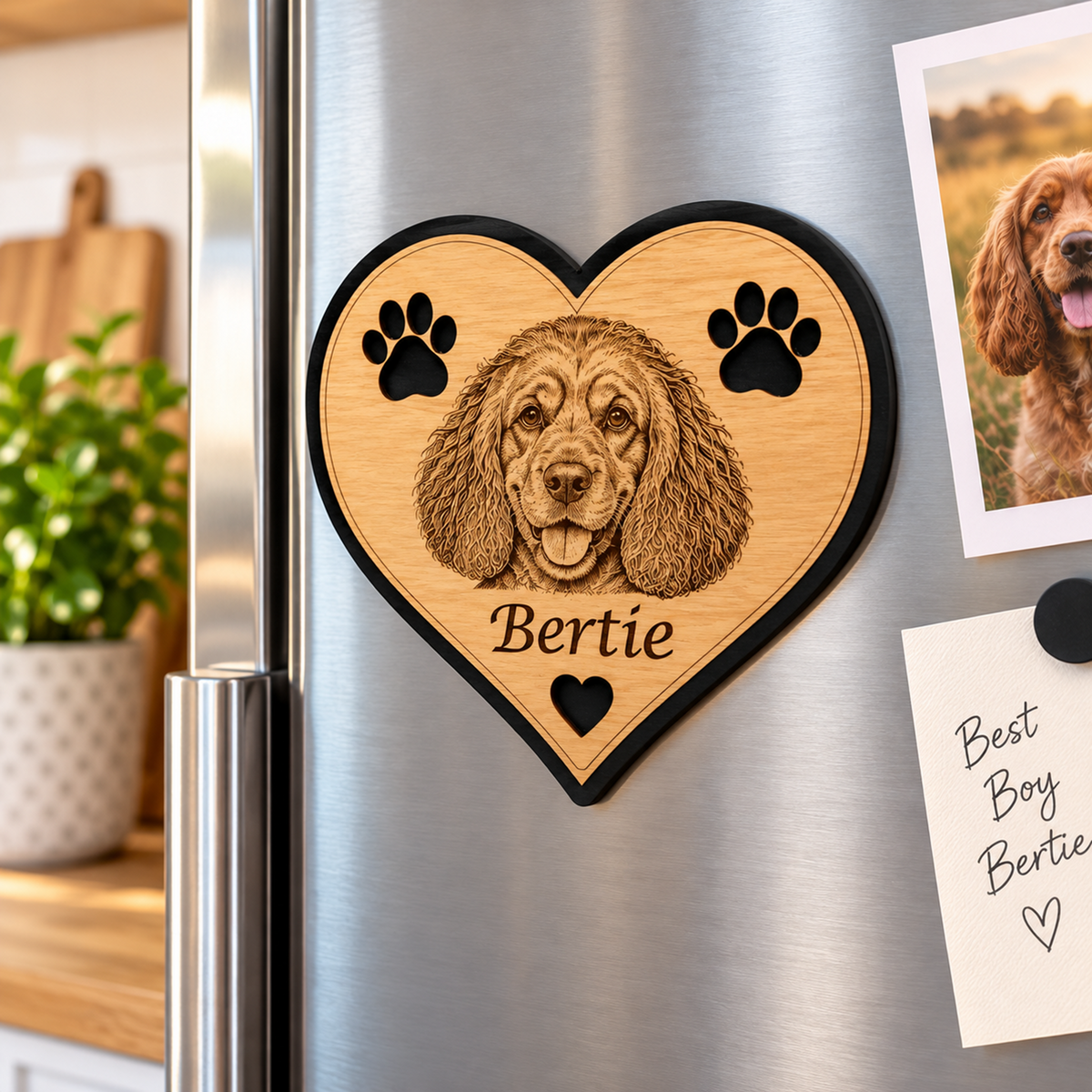 A heart-shaped wooden refrigerator magnet with an engraved dog portrait and the name 'Bertie' is shown on a stainless steel fridge door, alongside a pet photo and a note.