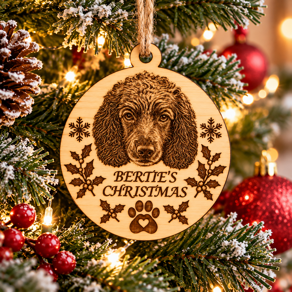 A personalised wooden Christmas ornament hanging on a decorated Christmas tree. The round natural wood ornament features a laser-engraved illustration of a dog's face, snowflakes, holly leaves, a paw print, and the text 'BERTIE'S CHRISTMAS'.