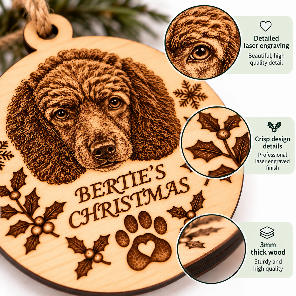 Personalised wooden Christmas ornament featuring a laser-engraved dog portrait and the text 'BERTIE'S CHRISTMAS' with holly and paw prints. Three circular inset callouts highlight laser engraving detail, crisp design details, and the 3mm thick wood material.