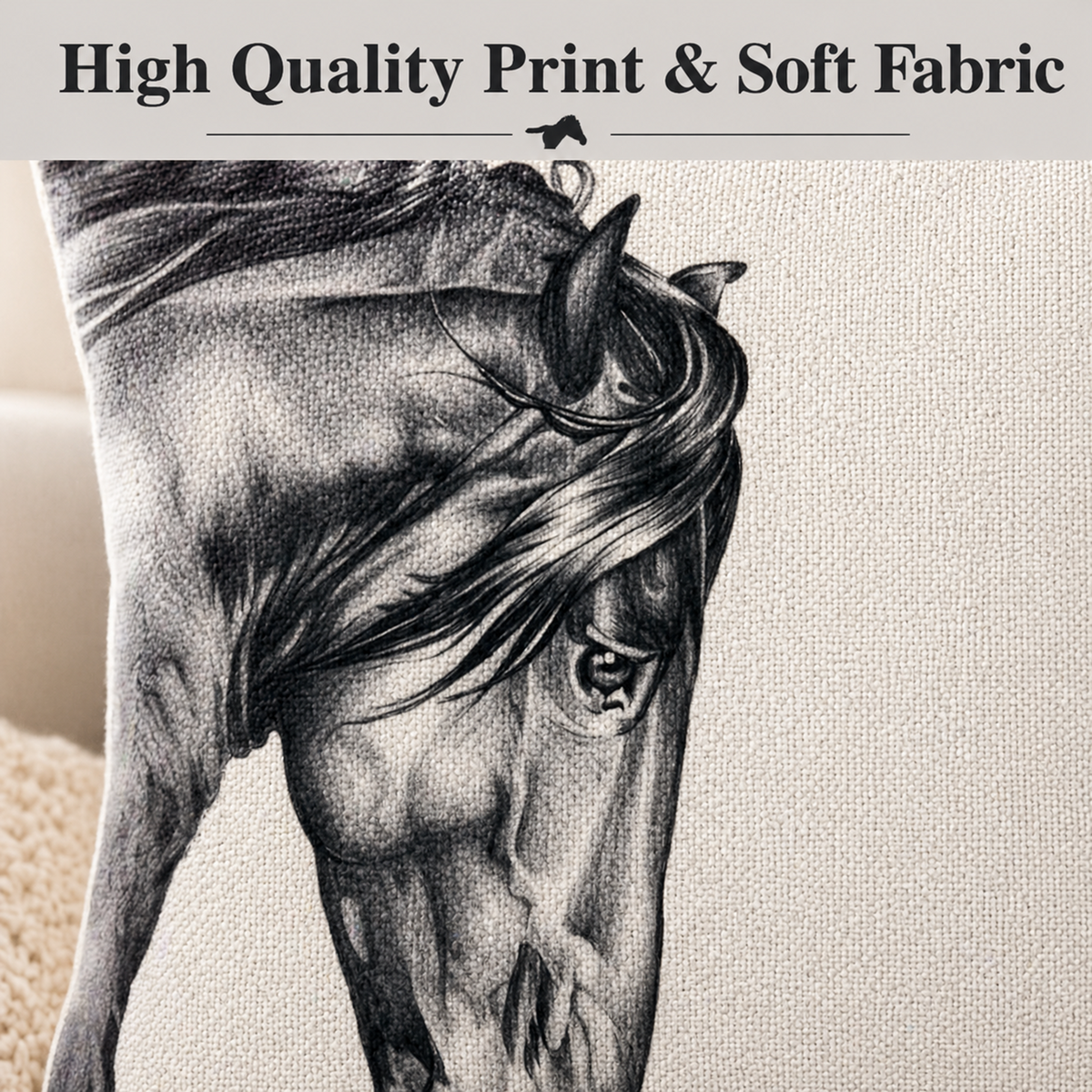 A close-up of a black horse head printed on a soft textured fabric, with a grey banner at the top reading 'High Quality Print & Soft Fabric' and a small horse silhouette.