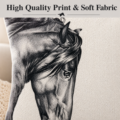 A close-up of a black horse head printed on a soft textured fabric, with a grey banner at the top reading 'High Quality Print & Soft Fabric' and a small horse silhouette.