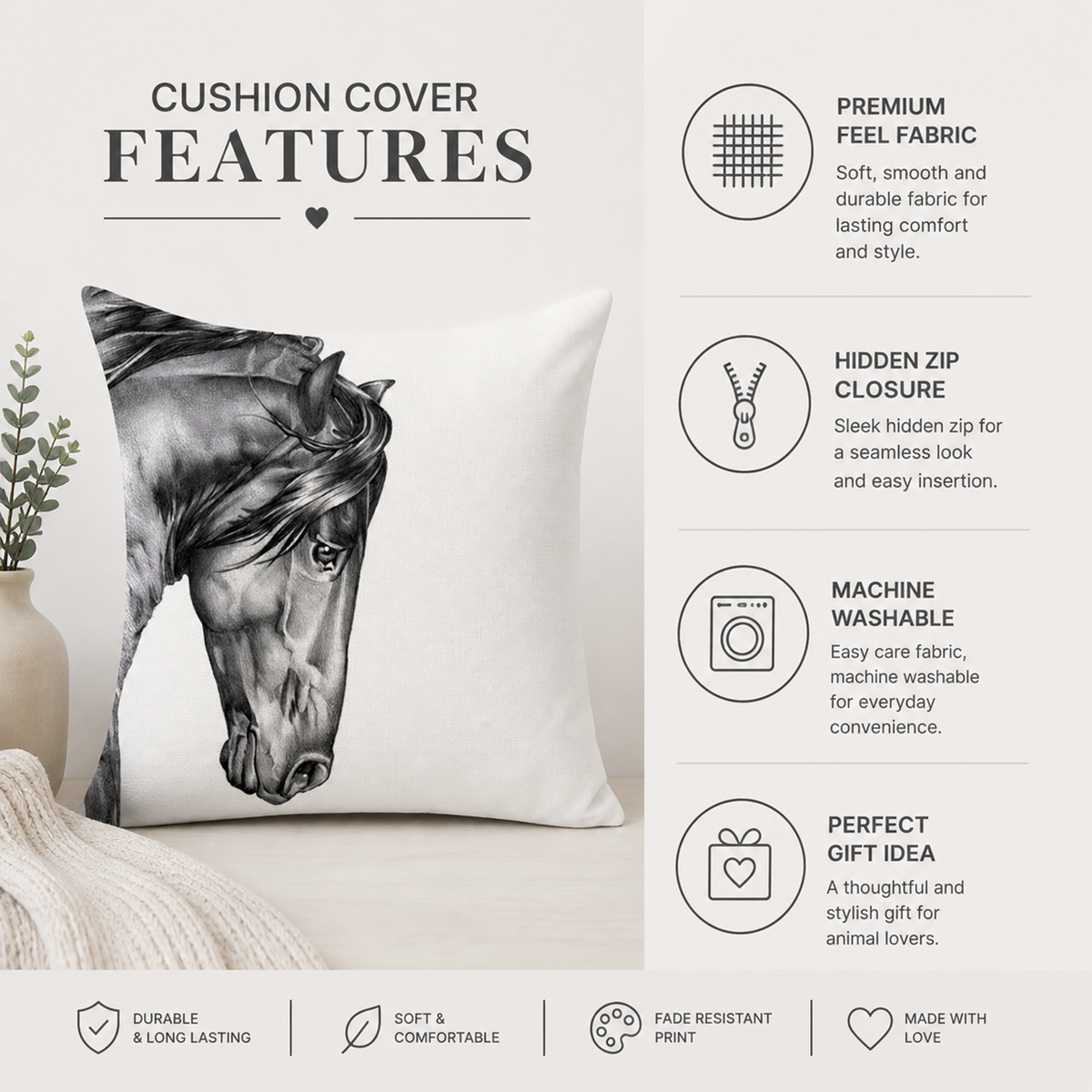 A white cushion cover featuring a black horse head illustration, shown on a styled bed with a plant and blanket. The image includes feature callouts on a light beige background with text about premium feel fabric, hidden zip closure, machine washable, and perfect gift idea.