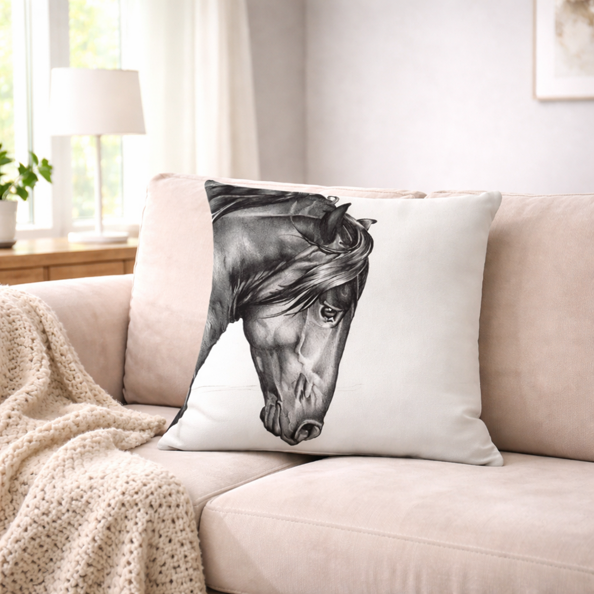 A square cushion cover featuring a detailed black and white illustration of a black horse's head, resting on a light beige sofa in a cosy living room setting.