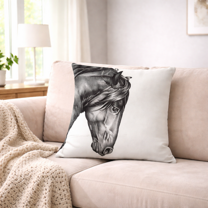 A square cushion cover featuring a detailed black and white illustration of a black horse's head, resting on a light beige sofa in a cosy living room setting.