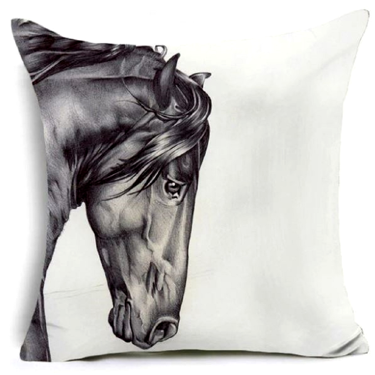 Decorative cushion cover with a black and white horse illustration on a white background