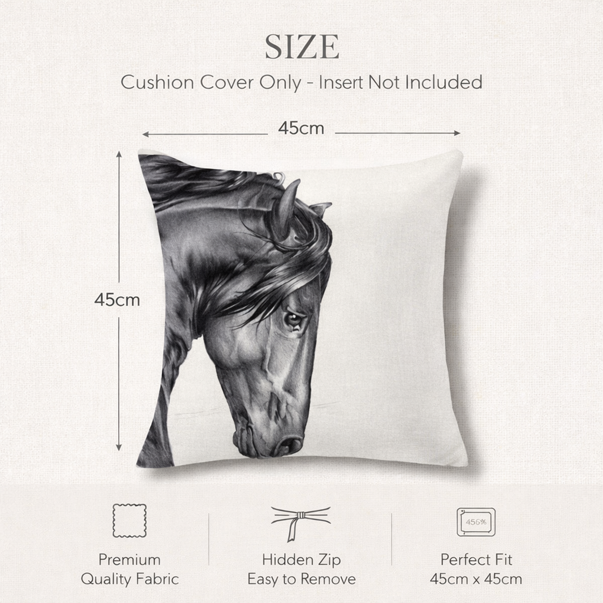 Size diagram for a square cushion cover showing a black horse head print on a white background, with dimensions labelled as 45cm by 45cm and text stating cushion cover only, insert not included.