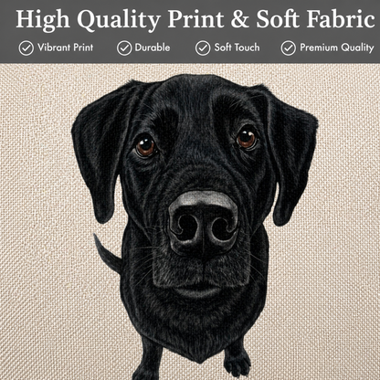 A close-up of a black Labrador Retriever dog portrait printed on a beige textured fabric, with a dark grey banner at the top reading 'High Quality Print & Soft Fabric' and feature checkmarks.