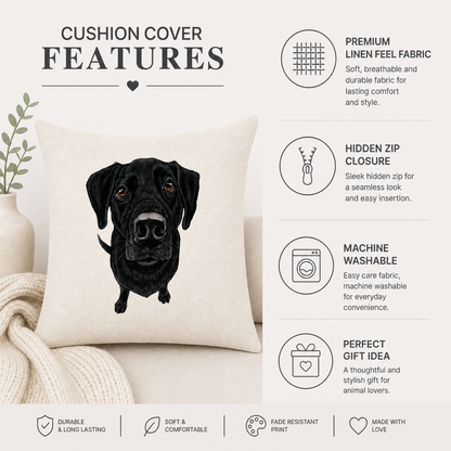 A cream-colored cushion cover featuring a black Labrador Retriever dog illustration, displayed on a sofa next to a vase and knit blanket, with text highlighting product features.