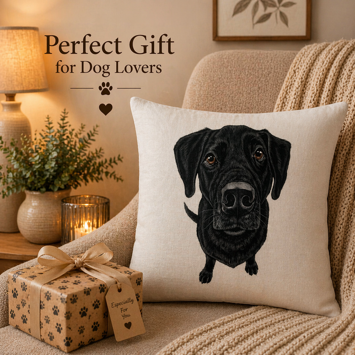 A square cream throw pillow featuring a detailed black Labrador Retriever dog portrait, styled on a cosy beige armchair next to a wrapped gift box with paw-print accents. The text 'Perfect Gift for Dog Lovers' is displayed in the upper left corner.