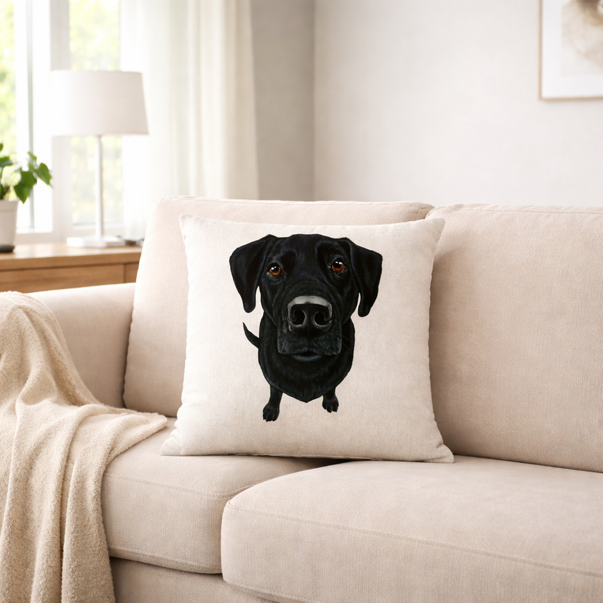 A square cream throw pillow featuring a printed portrait of a black Labrador Retriever dog, styled on a beige fabric sofa in a bright, modern living room.