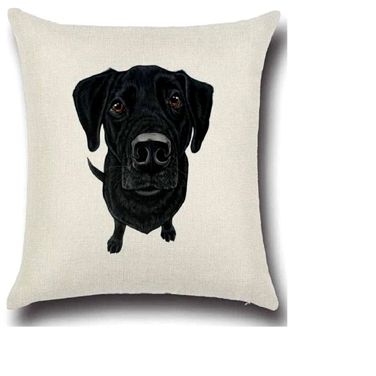 A square beige throw pillow featuring a detailed black Labrador Retriever dog printed on the front, set against a plain white background.