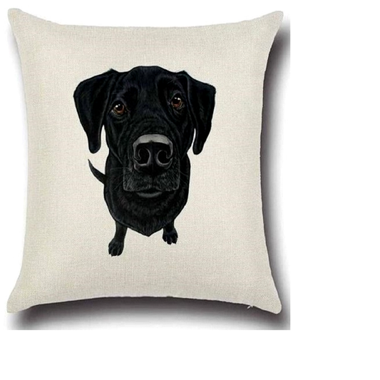 A square beige throw pillow featuring a detailed black Labrador Retriever dog printed on the front, set against a plain white background.