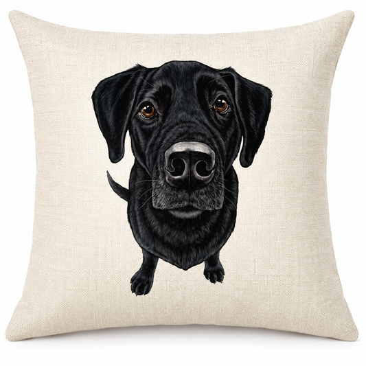 A square cream cushion cover featuring a printed portrait of a black Labrador Retriever dog.