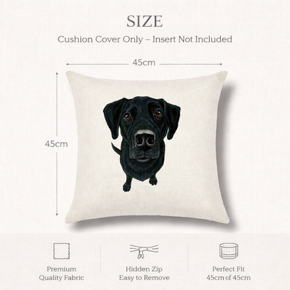 Size diagram for a square throw pillow cover showing a black Labrador Retriever dog illustration on an off-white fabric background. Text indicates cushion cover only, insert not included, with dimensions of 45cm by 45cm.