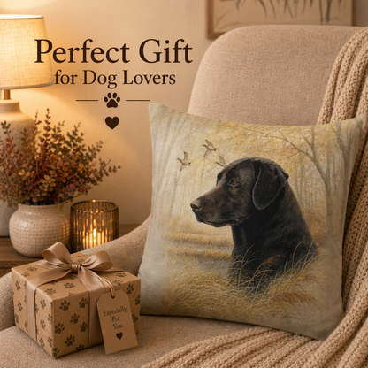 A square decorative throw and cushion cover featuring a black Labrador dog in a grassy field, styled on a beige armchair next to a wrapped gift box with paw-print patterns and the text 'Perfect Gift for Dog Lovers'.