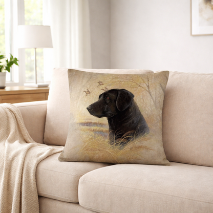 A square throw  and cushion cover pillow featuring a printed illustration of a black Labrador dog in a field, styled on a beige fabric sofa in a bright, modern living room.