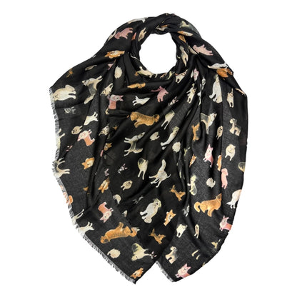 Black scarf with colourful Dachshund Sausage dog pattern on a white background