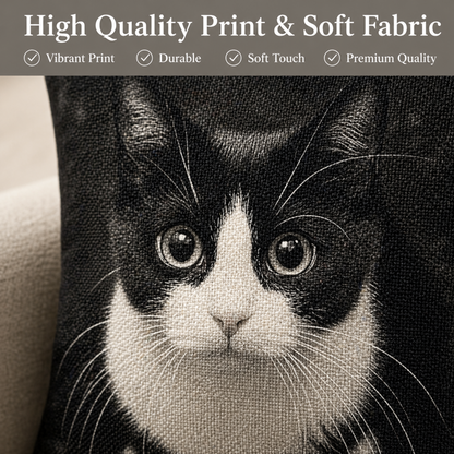 A close-up of a black-and-white cat portrait printed on a soft textured fabric, with a dark banner across the top reading 'High Quality Print & Soft Fabric' and feature checkmarks.
