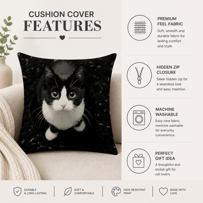 A black and white cat print cushion cover displayed on a sofa, with text highlighting its features: premium feel fabric, hidden zip closure, machine washable, durable and long-lasting, soft and comfortable, fade resistant print, and made with love.