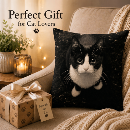 A black throw pillow featuring a realistic black-and-white cat portrait, styled on a beige armchair with a knitted blanket and warm string lights. A wrapped gift box with paw-print bows and a hanging tag sits beside it.