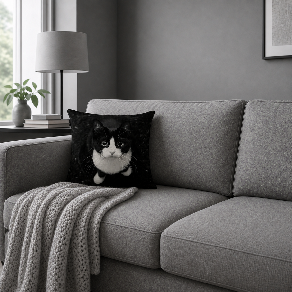 A black throw pillow featuring a black and white cat print, styled on a grey fabric sofa with a knitted grey blanket in a modern, minimalist living room.