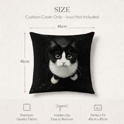Size diagram for a square cushion cover showing a black-and-white cat print. Text at the top reads 'SIZE' and 'Cushion Cover Only – Insert Not Included,' with dimension arrows marking the cover as 45cm by 45cm.