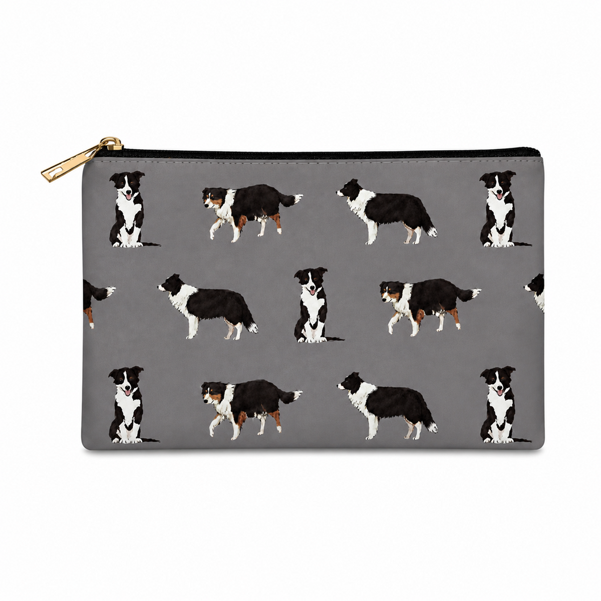 A grey zipped cosmetic bag featuring a repeating pattern of black and white Border Collie dogs, with a gold zipper pull.