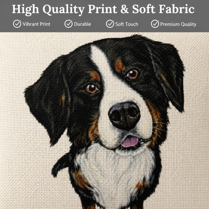 A close-up of a printed or Bernese Mountain dog on a textured fabric, with a dark grey banner at the top reading 'High Quality Print & Soft Fabric' and four feature checkmarks.