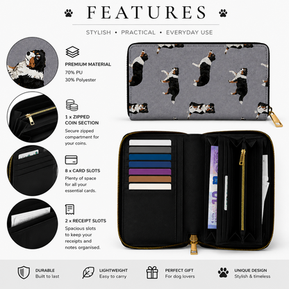 A wallet and coin purse set with a grey background and black-and-white Border Collie dog print, shown with an open interior view and feature callouts on a white background.