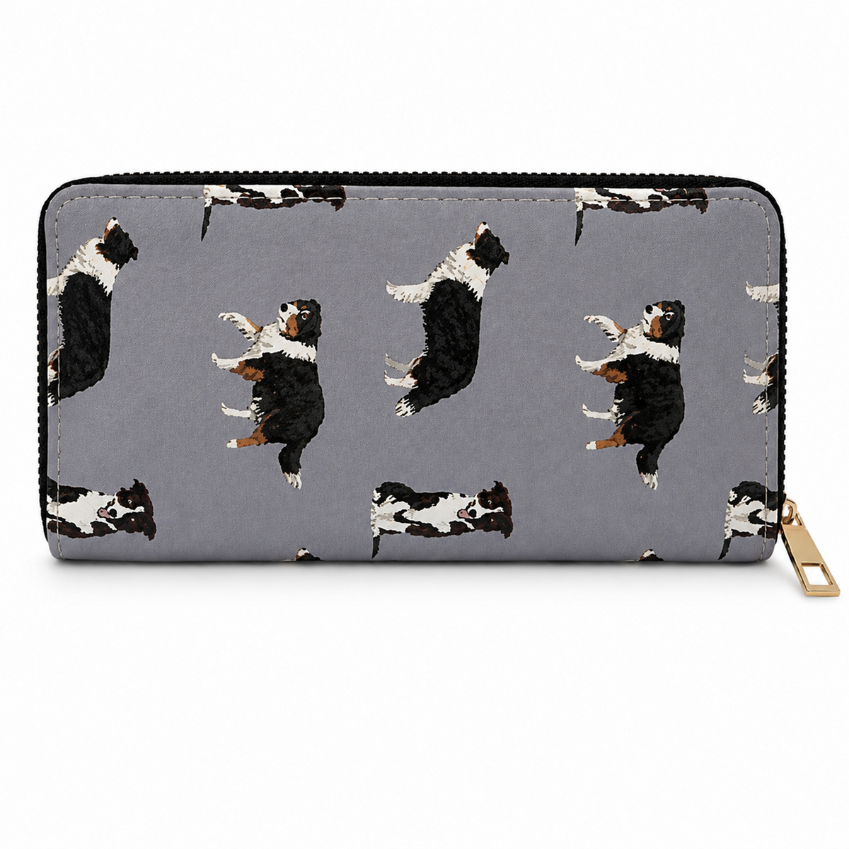 A zip-around wallet with a grey background and an all-over print of black-and-white Border Collie dog illustrations, shown on a clean white background.