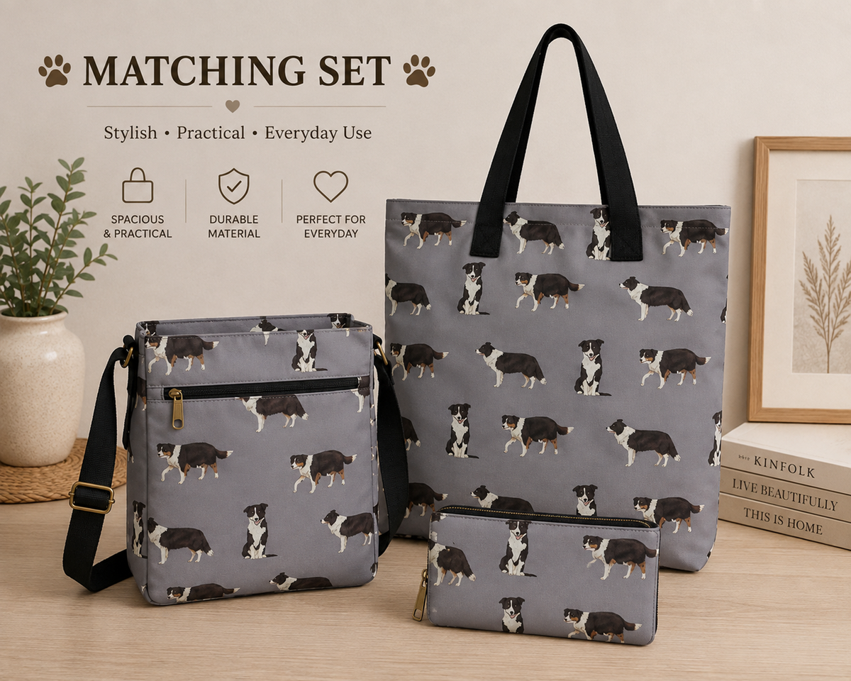 A matching tote bag, shoulder bag, and zip pouch set in a light grey fabric with a repeating black-and-white dog print, displayed on a tabletop with decorative props and text reading 'MATCHING SET'.