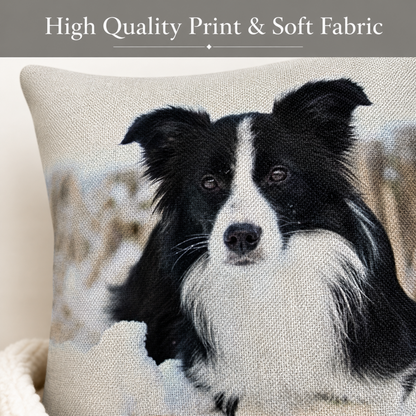 A square cushion cover with a realistic printed portrait of a black and white Border Collie dog, set against a soft beige background with a grey banner at the top reading 'High Quality Print & Soft Fabric'.