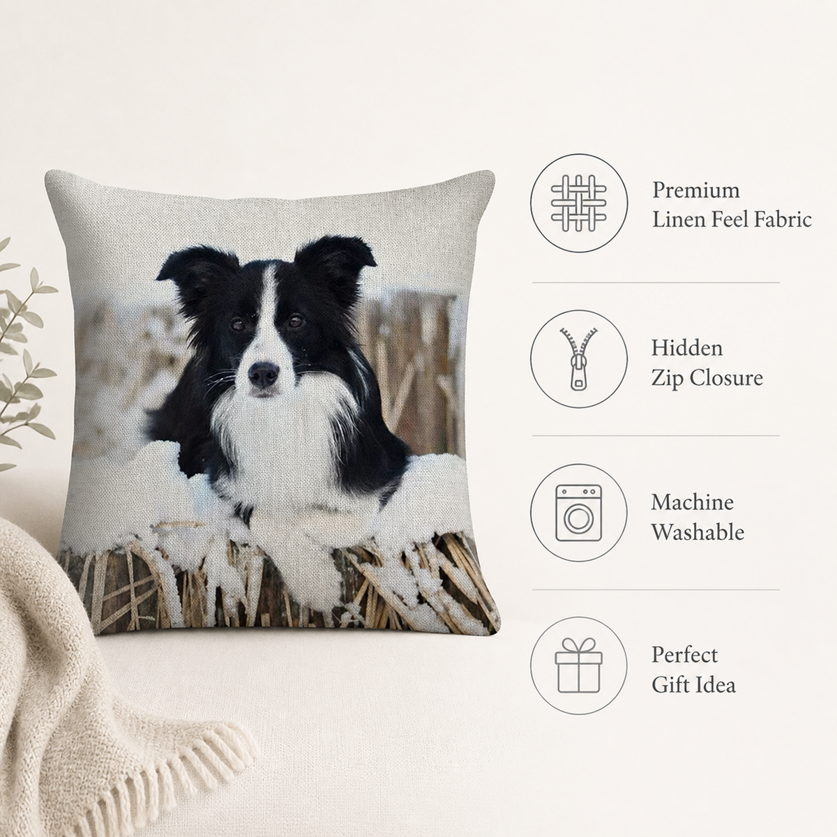 A square cushion cover with a black and white Border Collie dog lying in snow, shown on a light beige background with a knitted throw and a list of product features on the right.
