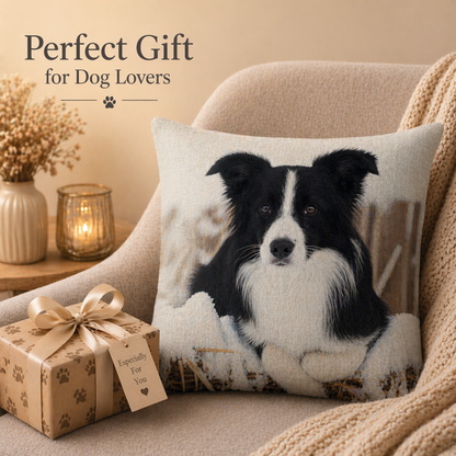 A square cushion cover featuring a printed black and white Border Collie dog portrait, styled on a beige armchair next to a knitted blanket and a wrapped gift box with the text 'Perfect Gift for Dog Lovers'.