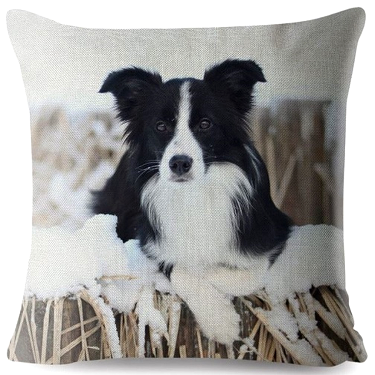Cushion cover with a black and white Border Collie dog design on a snowy background