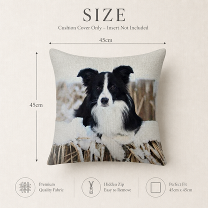 Size chart for a square cushion cover showing a black-and-white Border Collie dog in the snow, with dimension labels of 45cm by 45cm and feature callouts for premium fabric, hidden zip, and perfect fit.