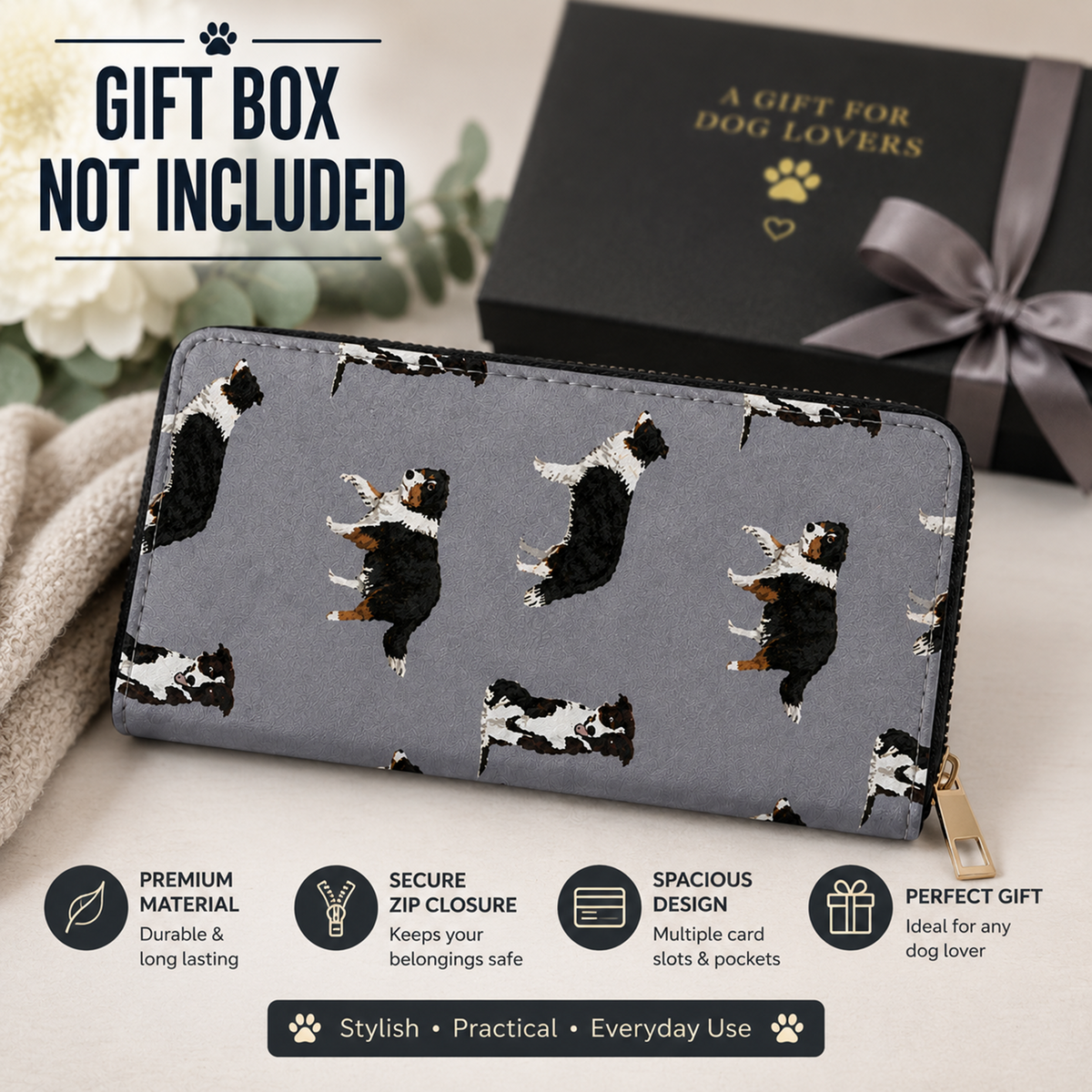 A grey zip-around wallet with a black-and-white Border Collie dog print pattern, shown on a soft beige surface with a black gift box and the text 'GIFT BOX NOT INCLUDED.' Infographic callouts around the wallet highlight premium material, secure zip closure, spacious design, and gift-friendly styling.