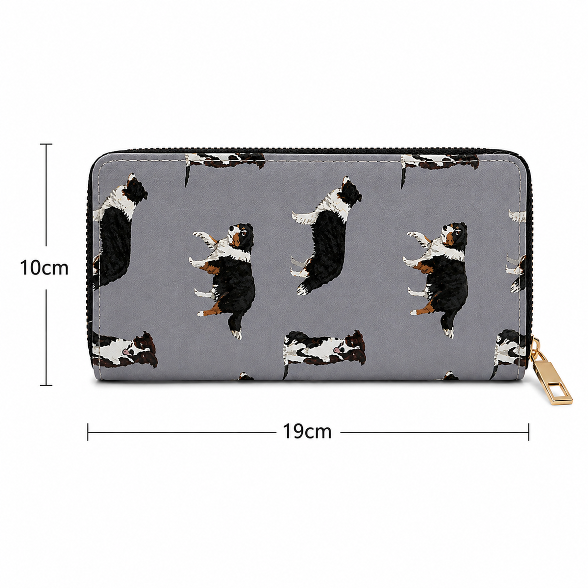 A grey zip-around wallet with a repeating pattern of black, white, and brown Border Collie dog illustrations, shown with dimension lines indicating 10 cm height and 19 cm width.