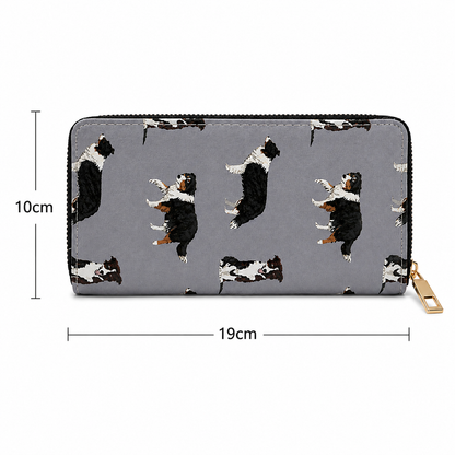 A grey zip-around wallet with a repeating pattern of black, white, and brown Border Collie dog illustrations, shown with dimension lines indicating 10 cm height and 19 cm width.