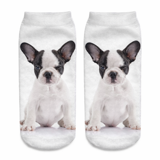 A pair of white ankle socks featuring a printed photo of a black and white Boston Terrier puppy dog on each sock, shown against a plain white background.
